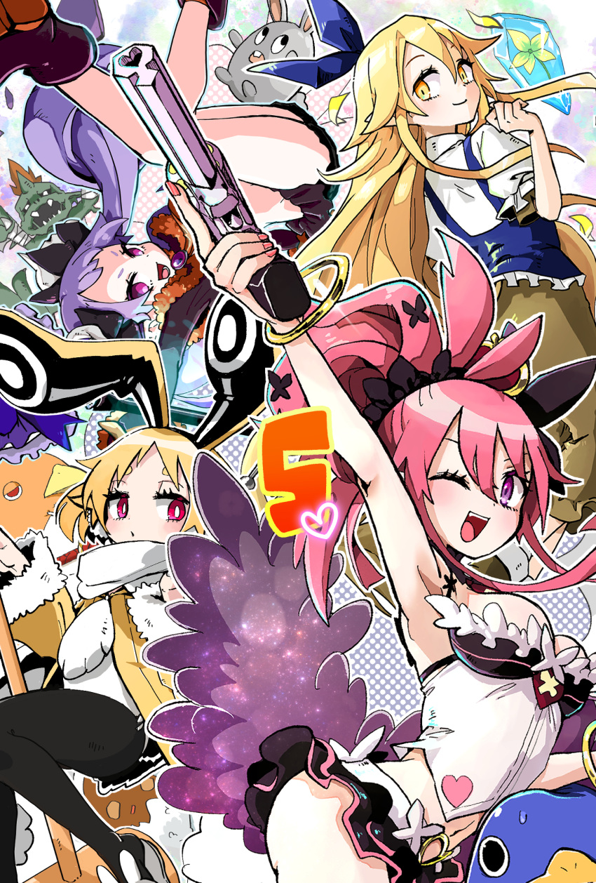 4girls arm_up armpits bird black_pantyhose blonde_hair blue_vest breasts bright_pupils brown_skirt disgaea eyelashes flower gun hanimitsu_(bisko) highres holding holding_gun holding_weapon large_breasts liezerota_(disgaea) long_hair lucky_board_(disgaea) majorita_(disgaea) makai_senki_disgaea_5 microskirt multiple_girls navel open_mouth pantyhose penguin pink_eyes prinny purple_eyes purple_hair rabbit scarf seraphina_(disgaea) shirt skirt teeth upper_teeth_only usalia_(disgaea) very_long_hair vest weapon white_pupils white_scarf white_shirt white_skirt yellow_flower zombie zombie_(disgaea)