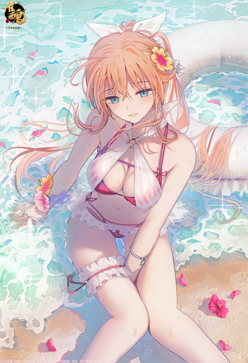 absurdres aihara_mai bare_arms bare_legs between_legs bikini bow breasts cleavage day female flower from_above hair_flower hair_ornament hairbow hand_between_legs highres inaeda_kei innertube large_breasts light_brown_hair long_hair mahjong_soul outdoors ponytail red_bikini red_flower side-tie_bikini_bottom sitting solo summer swim_ring swimsuit thigh_gap very_long_hair white_bow yellow_flower