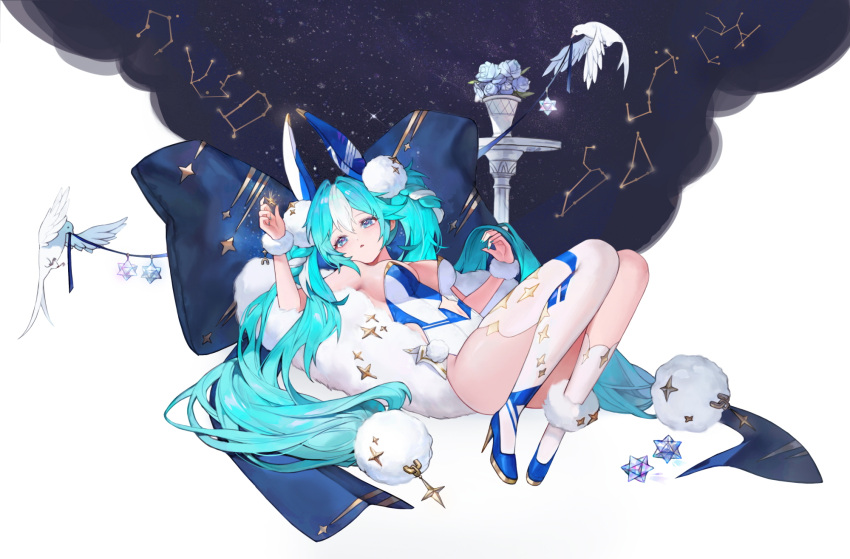 alternate_costume animal_ears aqua_hair aqua_nails aquarius_(constellation) asymmetrical_legwear bird blue_bow blue_eyes blue_footwear bow breasts capricorn_(constellation) clothing_cutout constellation fake_animal_ears female fur_anklet fur_wrist_cuffs gemini_(constellation) hatsune_miku high_heels highres leo_(constellation) leotard libra_(constellation) long_hair lying medium_breasts mismatched_legwear multicolored_hair nail_polish navel_cutout on_back parted_lips playboy_bunny rabbit_ears sagittarius_(constellation) scorpius_(constellation) sidelocks single_thighhigh soha_(littlesummerpe) solo stellated_octahedron strapless strapless_leotard thighhighs twintails two-tone_hair two-tone_leotard very_long_hair vocaloid white_bird white_hair