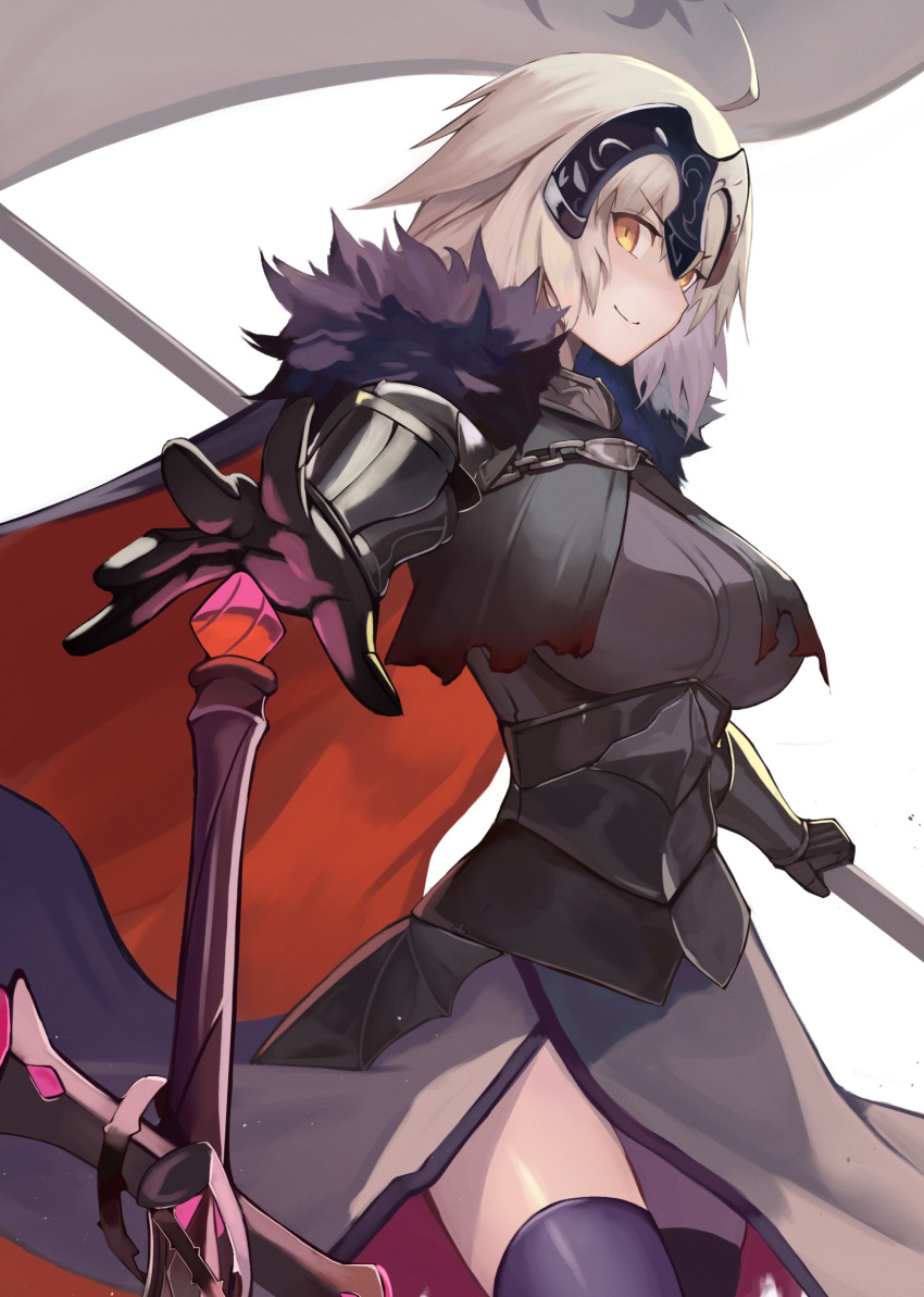 absurdres ahoge armor armored_dress black_dress black_thighhighs breasts chains collar dress fate/grand_order fate_(series) faulds female flag gauntlets genshu_doki grey_hair headpiece highres jeanne_d'arc_alter_(avenger)_(fate) jeanne_d'arc_alter_(fate) large_breasts looking_at_viewer metal_collar plackart polearm short_hair smile solo sword thighhighs thighs weapon yellow_eyes