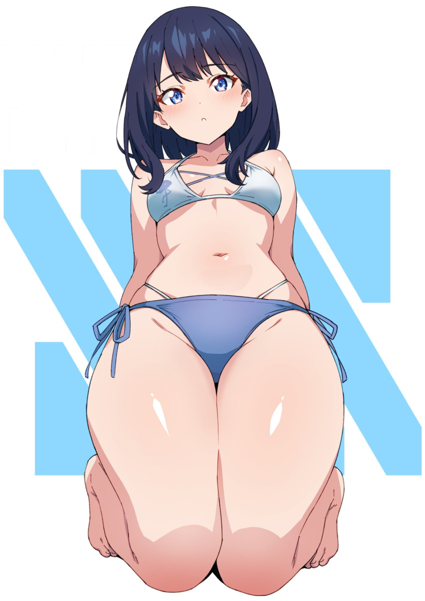 barefoot bikini blue_eyes blush breasts cleavage commentary_request female gridman_universe highres kamidan looking_at_viewer medium_breasts medium_hair parted_lips side-tie_bikini_bottom solo ssss.gridman swimsuit takarada_rikka thick_thighs thighs toenails toes white_background