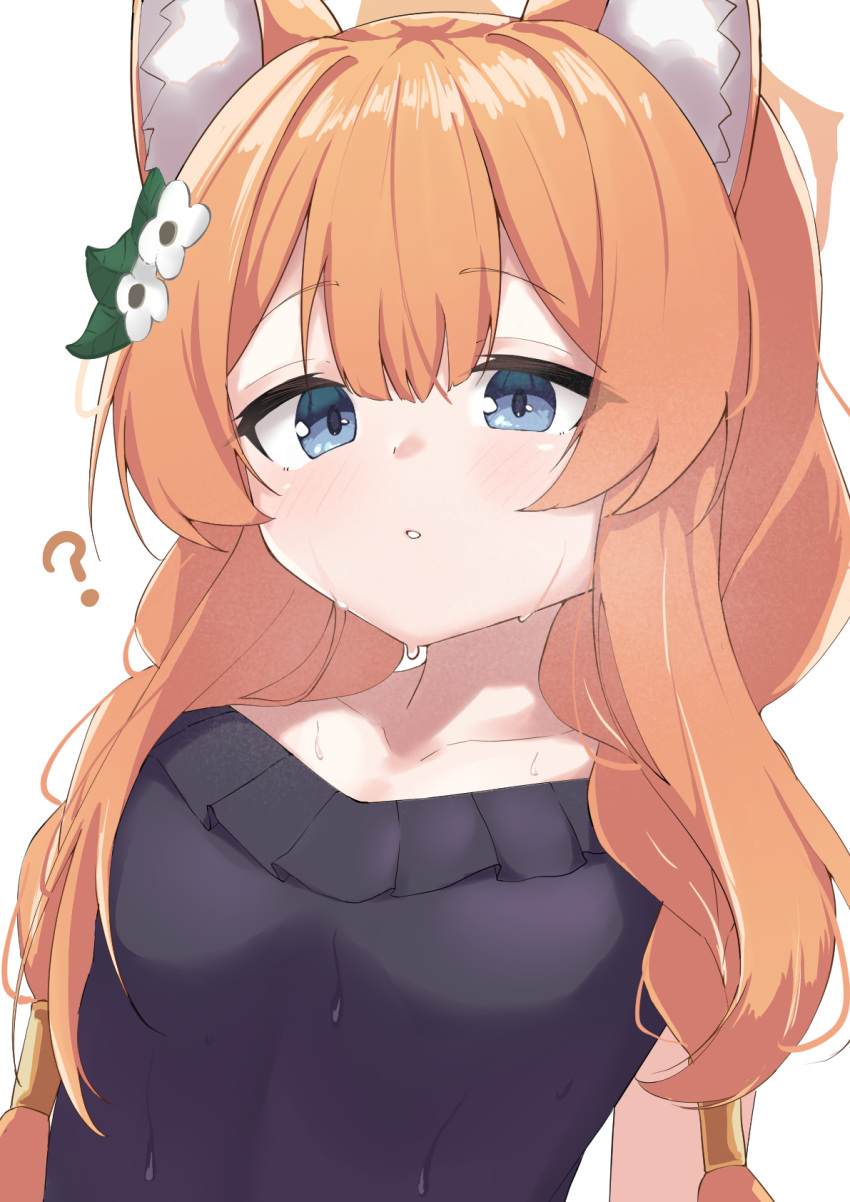 ? animal_ear_fluff animal_ears bare_arms bare_shoulders black_one-piece_swimsuit blue_archive blue_eyes blush braid breasts cat_ears female flower frilled_one-piece_swimsuit frills hair_flower hair_ornament halo highres long_hair mari_(blue_archive) mari_(swimsuit)_(blue_archive) official_alternate_costume one-piece_swimsuit orange_hair osmium-76 parted_lips simple_background small_breasts solo swimsuit twin_braids upper_body wet wet_clothes wet_swimsuit white_background white_flower yellow_halo