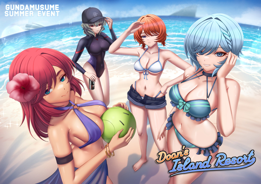 4girls absurdres aqua_bikini aqua_eyes beach bikini bikini_under_shorts black_one-piece_swimsuit blitz_gundam blue_eyes braid breasts caiman_pool cleavage day frilled_bikini frills grey_hair gundam gundam_sandrock_custom gundam_seed gundam_wing gundam_wing_endless_waltz hair_intakes haro highres horizon humanization large_breasts looking_at_viewer medium_breasts mole mole_under_eye multiple_girls navel ocean one-piece_swimsuit orange_hair purple_bikini red_eyes sand sarong shiny_skin short_hair smile standing strike_gundam swimsuit tan teeth water white_bikini