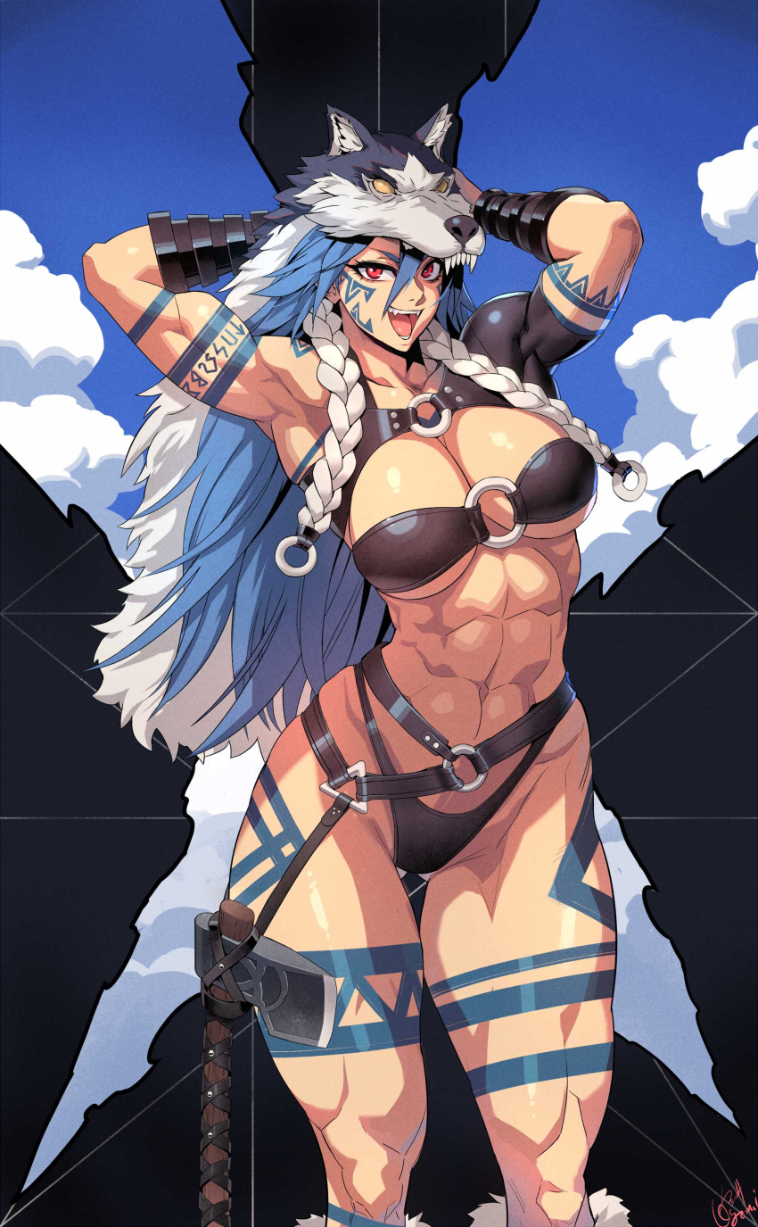 abs absurdres armpits arms_behind_head axe belt_around_waist bikini blue_hair blue_sky body_markings braid breasts cloud cloudy_sky female hair_between_eyes highres holstered large_breasts long_hair looking_at_viewer muscular muscular_female navel o-ring o-ring_bikini ogami open_mouth original red_eyes signature single_shoulder_pad sky smile solo stomach swimsuit tattoo thick_thighs thigh_gap thighs twin_braids wolf_hood wrist_guards