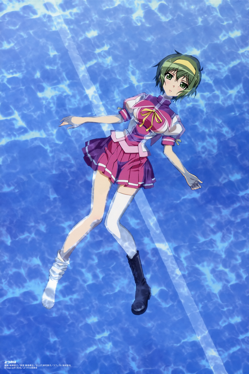 absurdres afloat aizawa_sumie amachi_matsuri boots comp_h's female from_above green_eyes green_hair hairband highres imageboard_desourced legs non-web_source official_art pool school_uniform shoes short_hair single_shoe skirt solo thighhighs water wet wet_clothes yotsunoha