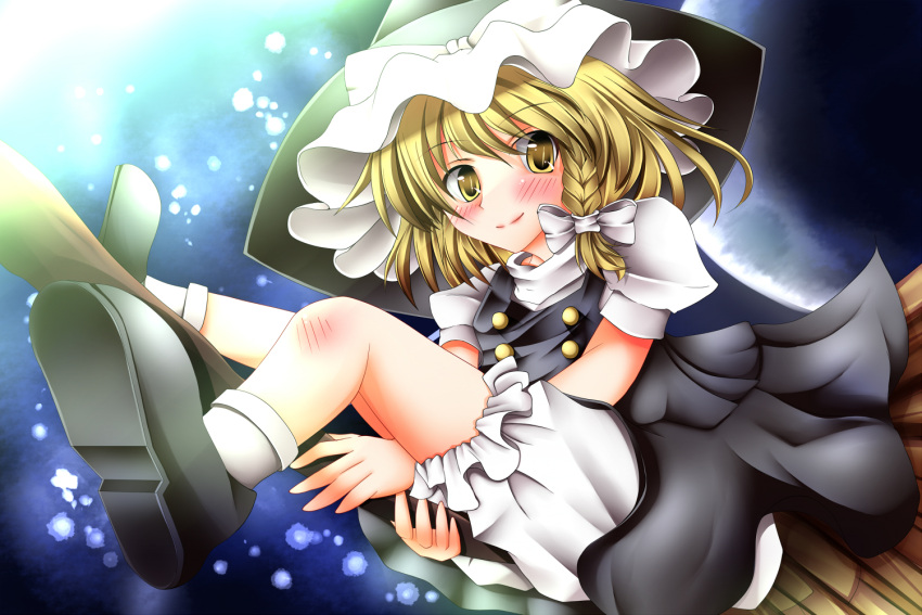 bad_id bad_pixiv_id blonde_hair bloomers blush bow braid broom broom_riding female hair_ribbon hat kantenziu kirisame_marisa ribbon scratches solo touhou underwear witch_hat yellow_eyes