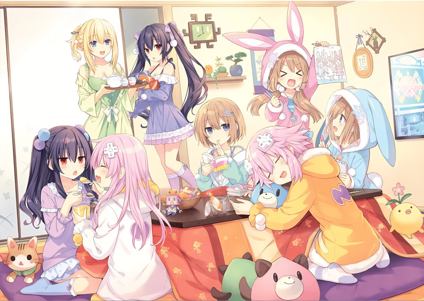 6+girls black_hair blanc_(neptunia) blonde_hair blue_eyes blue_socks book braid breasts brown_hair cup d-pad d-pad_hair_ornament dogoo french_braid garter_straps hair_ornament hair_ribbon highres long_hair medium_breasts multiple_girls nepgear nepgyaa neptune_(neptunia) neptune_(series) noire_(neptunia) official_art open_mouth purple_eyes purple_hair ram_(neptunia) red_eyes ribbon rom_(neptunia) short_hair siblings sisters smile socks source_request striped_clothes striped_socks thighhighs third-party_source tsunako twins twintails two_side_up uni_(neptunia) vert_(neptunia) very_long_hair