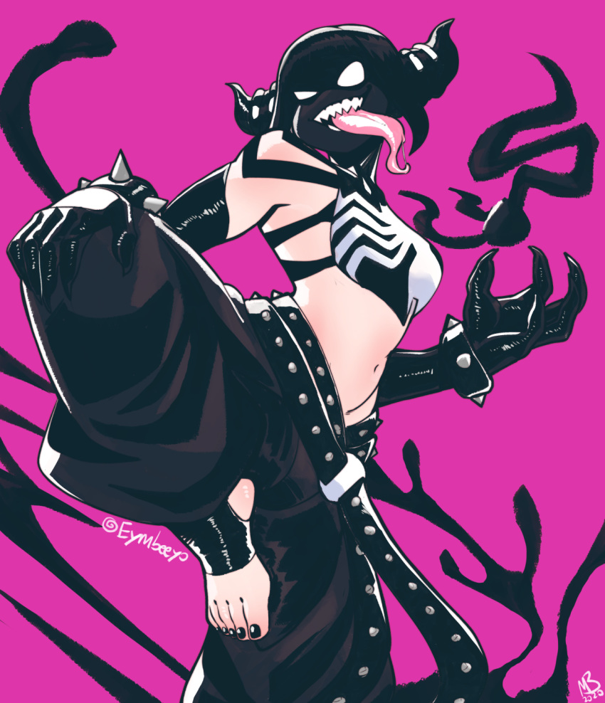 black_gloves black_hair black_nails black_pants elbow_gloves english_commentary eymbee female gloves highres juri_han long_tongue marvel navel pants purple_background ranguage sharp_teeth she-venom simple_background solo standing standing_on_one_leg stirrup_legwear street_fighter symbiote teeth toeless_legwear tongue tongue_out twitter_username venom_(marvel)