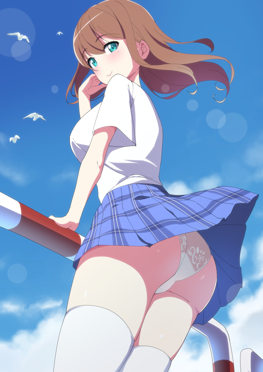 aqua_eyes ass bird blue_skirt blue_sky brown_hair closed_mouth cloud commentary_request day female floating_hair from_below highres lens_flare looking_at_viewer looking_to_the_side medium_hair original outdoors panties plaid plaid_skirt pleated_skirt railing sakamata_(sakamata4) seagull shirt short_sleeves skirt sky smile solo standing thighhighs thighs underwear white_panties white_shirt white_thighhighs wind wind_lift