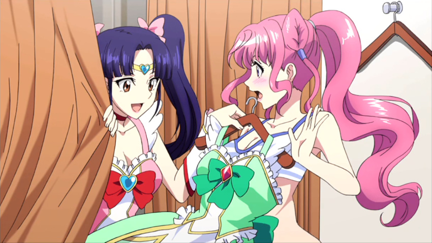 2girls blush clothes_hanger cosplay cross_ange cross_ange_tr curtains fitting_room game_cg lingerie magical_girl multiple_girls naomi_(cross_ange) non-web_source official_art open_mouth pink_hair ponytail purple_hair ribbon salia_(cross_ange) smile surprised trying_on_clothes twintails underwear