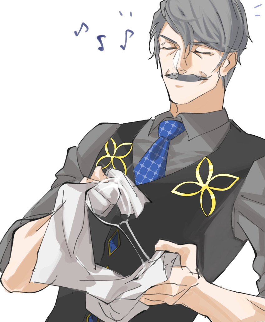 1boy black_vest blue_neckwear closed_eyes cup drinking_glass eighth_note facial_hair facing_viewer fate/grand_order fate_(series) gray_collar_(fate/grand_order) grey_hair grey_shirt hair_between_eyes highres james_moriarty_(fate) male_focus moustache musical_note necktie shirt solo towel trstfx_(lina) upper_body vest wine_glass