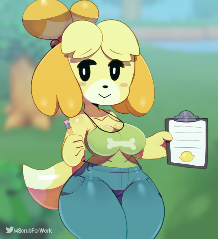 :> absurd_res animal_crossing anthro big_breasts blonde_hair bone bone_print bone_print_camisole bone_print_clothing bone_print_topwear bottomwear breasts camisole canid canine canis cleavage clipboard closed_smile clothed clothing denim denim_bottomwear denim_clothing dipstick_tail domestic_dog dual_holding female food fruit fully_clothed fur glistening glistening_body glistening_clothing hair hi_res holding_clipboard holding_object holding_pencil holding_writing_utensil isabelle_(animal_crossing) jeans lemon looking_at_viewer mammal markings mouth_closed multicolored_body multicolored_fur multicolored_tail nintendo pants paper pencil_(object) plant print_camisole print_clothing print_topwear shih_tzu shirt smile solo somescrub tail tail_markings thick_thighs topwear toy_dog white_body white_fur wide_hipped_female wide_hips writing_utensil yellow_body yellow_fur