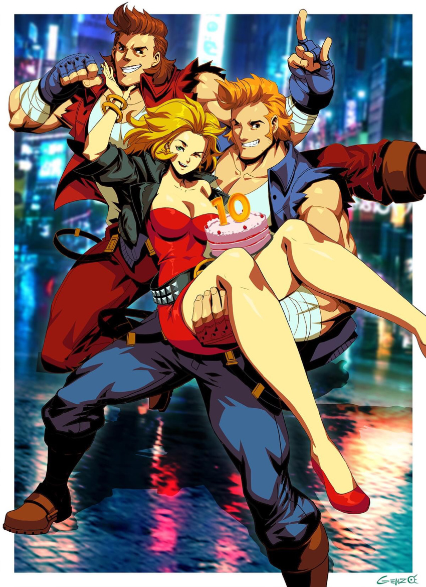 2boys 2girls anniversary billy_lee blonde_hair boots breasts building cake carrying cityscape commentary double_dragon double_dragon_neon dragon dress english_commentary fingerless_gloves food genzoman gloves grin highres jimmy_lee lights looking_at_viewer marian_kelly multiple_boys multiple_girls muscular muscular_male night official_art signature smile