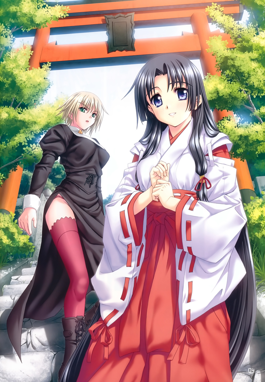 2girls absurdres black_hair blonde_hair blue_eyes boots brown_footwear cross-laced_footwear demiourgos_no_musume dress green_eyes hakama hakama_skirt highres iris_(demiourgos) japanese_clothes kannatsuki_noboru lace-up_boots long_hair miko multiple_girls nun photoshop_(medium) red_hakama red_legwear ribbon-trimmed_sleeves ribbon_trim scan short_hair side_slit skirt smile stairs tamayorihime thighhighs torii