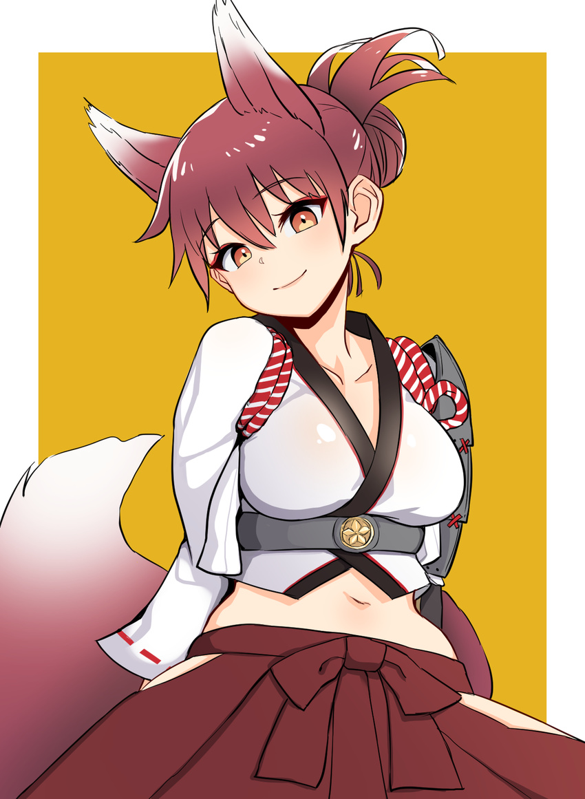 animal_ears arms_behind_back azur_lane belt breasts brown_hair collarbone commentary_request female fox_ears fox_tail hair_bun hakama hakama_skirt head_tilt highres hip_vent ise_(azur_lane) japanese_clothes looking_at_viewer medium_breasts midriff navel nezuko short_hair single_hair_bun skirt smile solo tail underbust