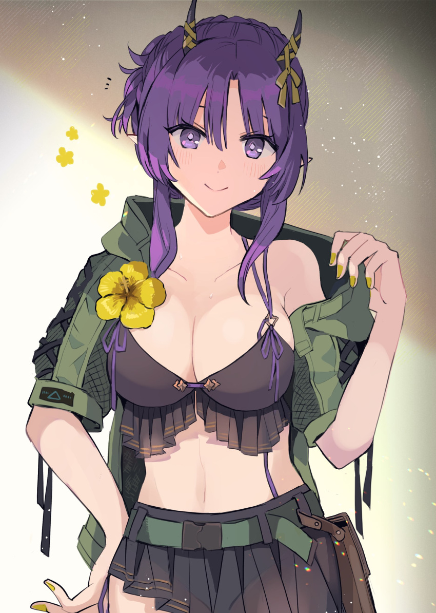 absurdres alternate_costume arknights belt belt_pouch bikini bikini_top_only black_bikini black_skirt blush breasts cleavage closed_mouth commentary cowboy_shot female flower frilled_bikini frills green_belt green_jacket hair_between_eyes hand_on_own_hip hibiscus hibiscus_(arknights) hibiscus_the_purifier_(arknights) highres horn_ornament horn_ribbon horns jacket light_particles looking_at_viewer medium_breasts medium_hair midriff nail_polish navel noshima notice_lines off_shoulder open_clothes open_jacket pleated_skirt pointy_ears pouch purple_eyes purple_hair ribbon shade sidelocks skirt smile solo standing swimsuit yellow_flower yellow_nails yellow_ribbon