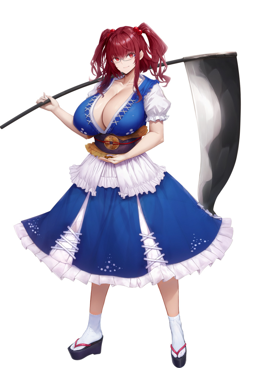 absurdres bespectacled breasts brown_sash cleavage coin coin_on_string commission female glasses hair_bobbles hair_ornament highres holding holding_scythe huge_breasts obi onozuka_komachi pixiv_commission platform_footwear red_eyes red_hair sandals sash scythe smile solo standing tabi tachi-e tk31 touhou transparent_background two_side_up