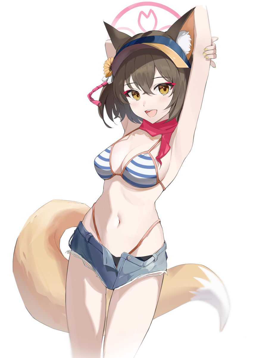 absurdres animal_ear_fluff animal_ears arm_grab arms_up bikini blue_archive cowboy_shot denim denim_shorts eyeshadow female flower fox_ears fox_girl fox_tail hair_flower hair_ornament halo hendiamond highleg highleg_bikini highres izuna_(blue_archive) izuna_(swimsuit)_(blue_archive) looking_at_viewer makeup micro_shorts navel official_art pink_eyeshadow pink_halo pink_scarf pom_pom_(clothes) pom_pom_hair_ornament scarf shorts smile solo solo_focus striped_bikini striped_clothes sunflower sunflower_hair_ornament swimsuit tail visor_cap white_background