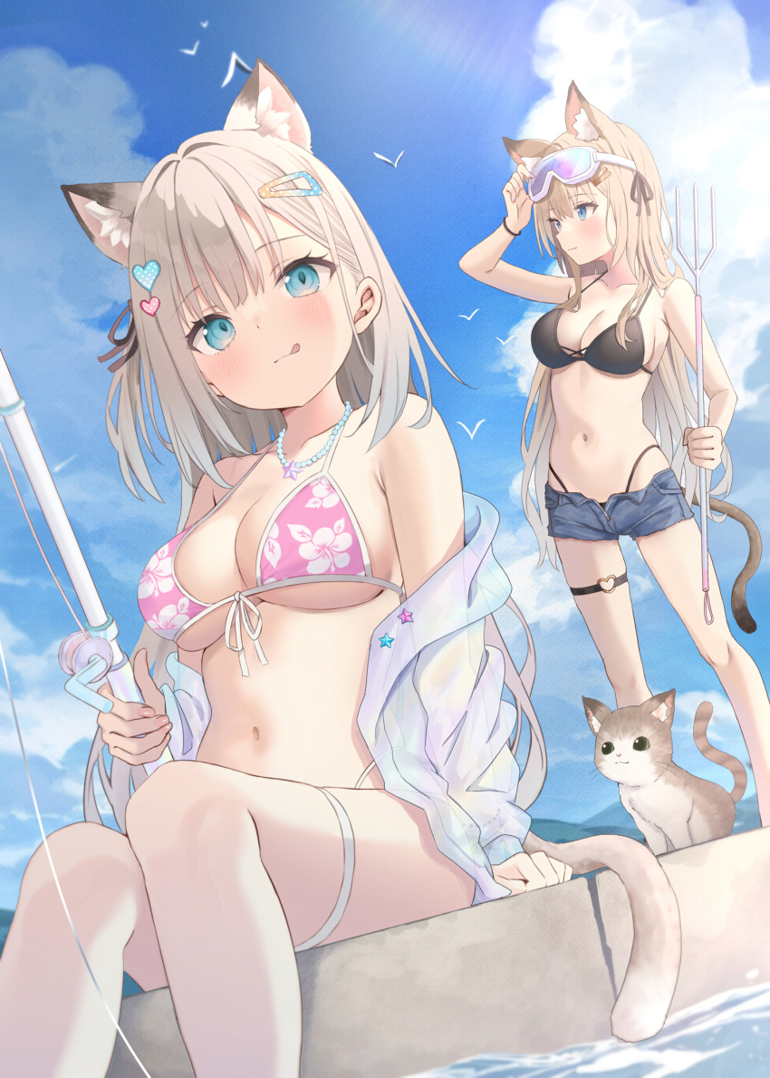 2girls :q akino_ell animal animal_ear_fluff animal_ears arm_up bare_arms bare_shoulders bikini bikini_under_clothes bird black_bikini black_ribbon blue_eyes blue_shorts blue_sky breasts brown_hair cat_ears cat_girl cat_tail cleavage closed_mouth cloud collarbone commentary_request day denim denim_shorts feet_out_of_frame feline fishing_line fishing_rod floral_print front-tie_bikini_top front-tie_top goggles goggles_on_head hair_ornament hair_ribbon hairclip heart heart_hair_ornament heart_o-ring highres holding holding_fishing_rod holding_polearm holding_weapon long_hair medium_breasts multiple_girls navel one_side_up open_clothes open_fly open_shorts original outdoors pink_bikini polearm print_bikini ribbon short_shorts shorts sitting skindentation sky smile standing swimsuit tail thigh_strap tongue tongue_out trident very_long_hair water weapon