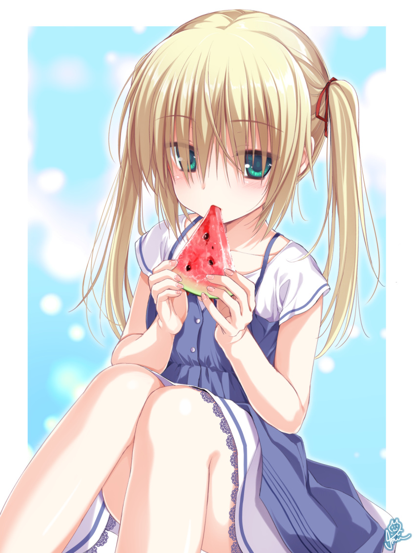 aqua_background blonde_hair blue_dress chaamii dress eating empty_x_embryo female food fruit green_eyes hair_over_eyes hair_ribbon highres holding holding_food kono_natsuki long_hair looking_at_viewer melon melon_slice open_mouth red_ribbon ribbon shirt short_hair signature simple_background sitting solo twintails white_shirt yuzu-soft