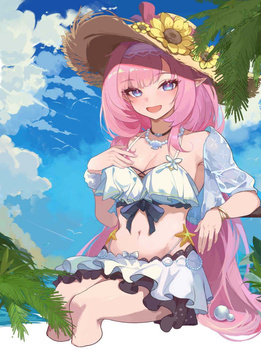 absurdres bare_shoulders bikini blue_eyes blue_sky bracelet breasts cloud cloudy_sky cropped_legs elf elysia_(honkai_impact) elysia_(miss_pink_elf)_(honkai_impact) elysia_(summer_miss_elf)_(honkai_impact) female flower flower_hat hair_between_eyes hat highres honkai_(series) honkai_impact_3rd jewelry large_breasts long_hair looking_at_viewer midriff navel necklace open_mouth pearl_necklace pink_hair pointy_ears sky smile sooner straw_hat sunflower swimsuit thighhighs thighs white_bikini