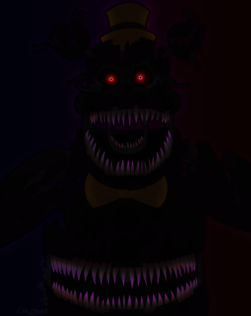 animatronic anthro bear belly_mouth black_body black_fur body_horror bow_tie caloxya clothing creepy endoskeleton exposed_endoskeleton exposed_wires five_nights_at_freddy's five_nights_at_freddy's_4 fnaf4 fur hat headgear headwear hi_res looking_at_viewer machine male mammal multi_mouth nightmare_(fnaf) open_mouth red_eyes robot scottgames solo top_hat wire withered