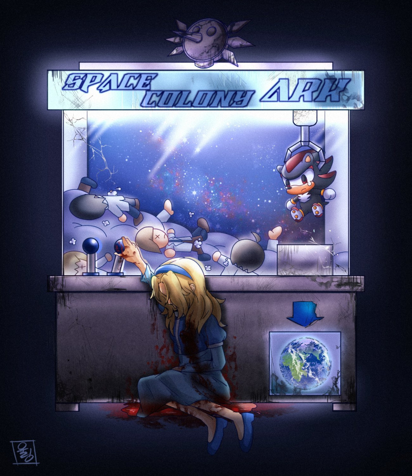 arm_up black_background bleeding blonde_hair blood blood_on_clothes blood_on_hands blood_splatter blue_dress blue_footwear character_doll crane_game death dress earth_(planet) female highres jkt_sonic maria_robotnik planet pool_of_blood scientist shadow_the_hedgehog signature simple_background sonic_(series) space_colony_ark stuffed_toy stuffing