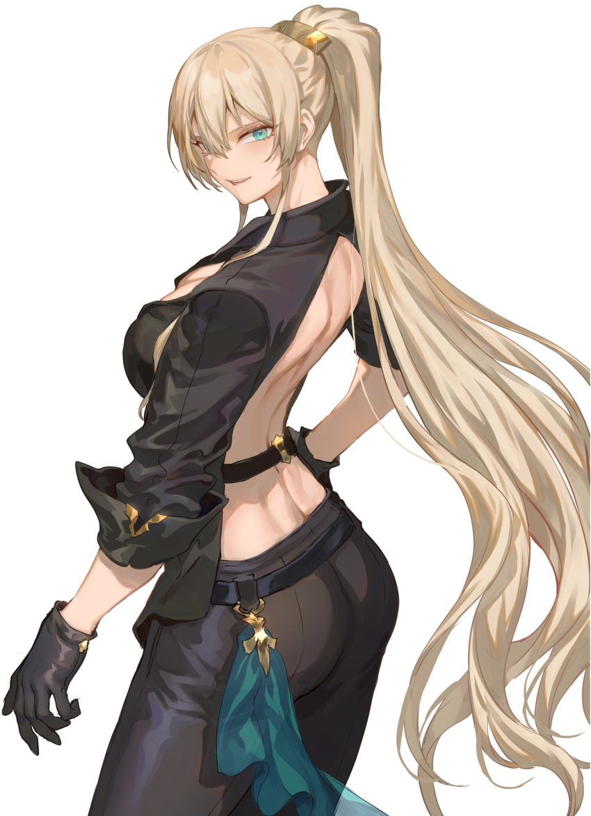 back backless_outfit black_gloves blonde_hair breasts facing_back female gloves green_eyes hair_ornament hands_on_own_hips highres large_breasts long_hair mashuu_(neko_no_oyashiro) open_mouth original pants ponytail simple_background sonia_(hijiri_kishi_sonia-san) very_long_hair white_background