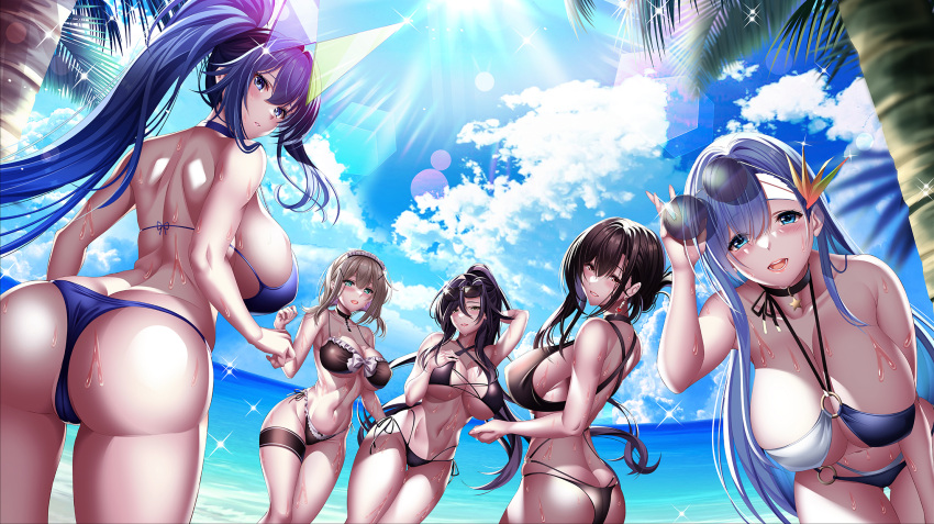 5girls ass azur_lane beach bikini black_bikini black_choker black_hair blue_bikini blue_choker blue_hair blue_sky bolzano_(azur_lane) bolzano_(tempting_treasure)_(azur_lane) breasts chkalov_(azur_lane) chkalov_(seaside_sunset)_(azur_lane) choker cloud cloudy_sky eyewear_on_head feather_hair_ornament feathers frilled_bikini frills groin hair_ornament high_ponytail highres huge_breasts light_brown_hair long_hair maid maid_headdress manchester_(a_moment_in_the_shade)_(azur_lane) manchester_(azur_lane) multiple_girls navel new_jersey_(azur_lane) new_jersey_(midsummer_leisure)_(azur_lane) o-ring o-ring_bikini o-ring_top ocean official_alternate_costume outdoors palm_leaf palm_tree parted_lips sand side-tie_bikini_bottom sideboob sky stomach sunglasses sunlight swimsuit thigh_strap ticonderoga_(azur_lane) ticonderoga_(sunshine_princess)_(azur_lane) tree two-tone_bikini very_long_hair water wet white_bikini yuuzuki_hijiri