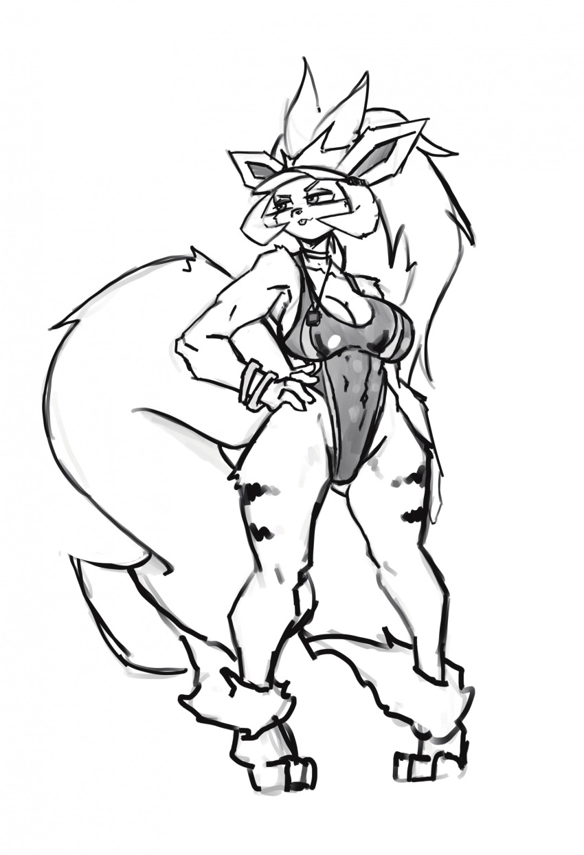 2022 accessory anthro arcanine big_breasts big_tail breasts canid canine clock clothed clothing digital_drawing_(artwork) digital_media_(artwork) feet female fingers fluffy fluffy_tail fur generation_1_pokemon hair hand_on_hip hat headgear headwear hi_res mammal monochrome mouth_closed muscular muscular_anthro muscular_female narrowed_eyes neckband neckwear nine_(snoutless) nintendo one-piece_swimsuit pokemon pokemon_(species) ponytail snoutless solo standing stopwatch striped_body striped_fur stripes swimwear tail tongue tongue_out visor_cap watch wristband