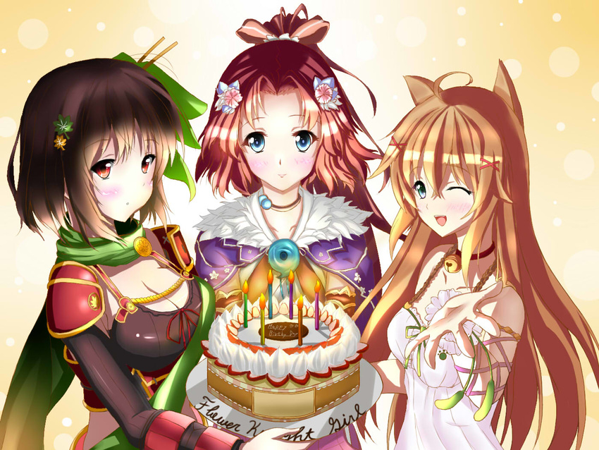 3girls ;d ahoge animal_ears bell blue_eyes bow breasts brown_hair cake candle choker cleavage commentary_request copyright_name dress enokorogusa_(flower_knight_girl) flower flower_knight_girl food green_scarf hair_flower hair_ornament hairbow jewelry leaf_hair_ornament long_hair looking_at_viewer magatama medium_breasts momiji_(flower_knight_girl) multiple_girls nadeshiko_(flower_knight_girl) neck_bell necklace one_eye_closed open_mouth outstretched_hand pink_bow ponytail red_eyes scarf short_hair small_breasts smile standing upper_body white_dress x_hair_ornament yoruka_(yukiyukimasamasa)