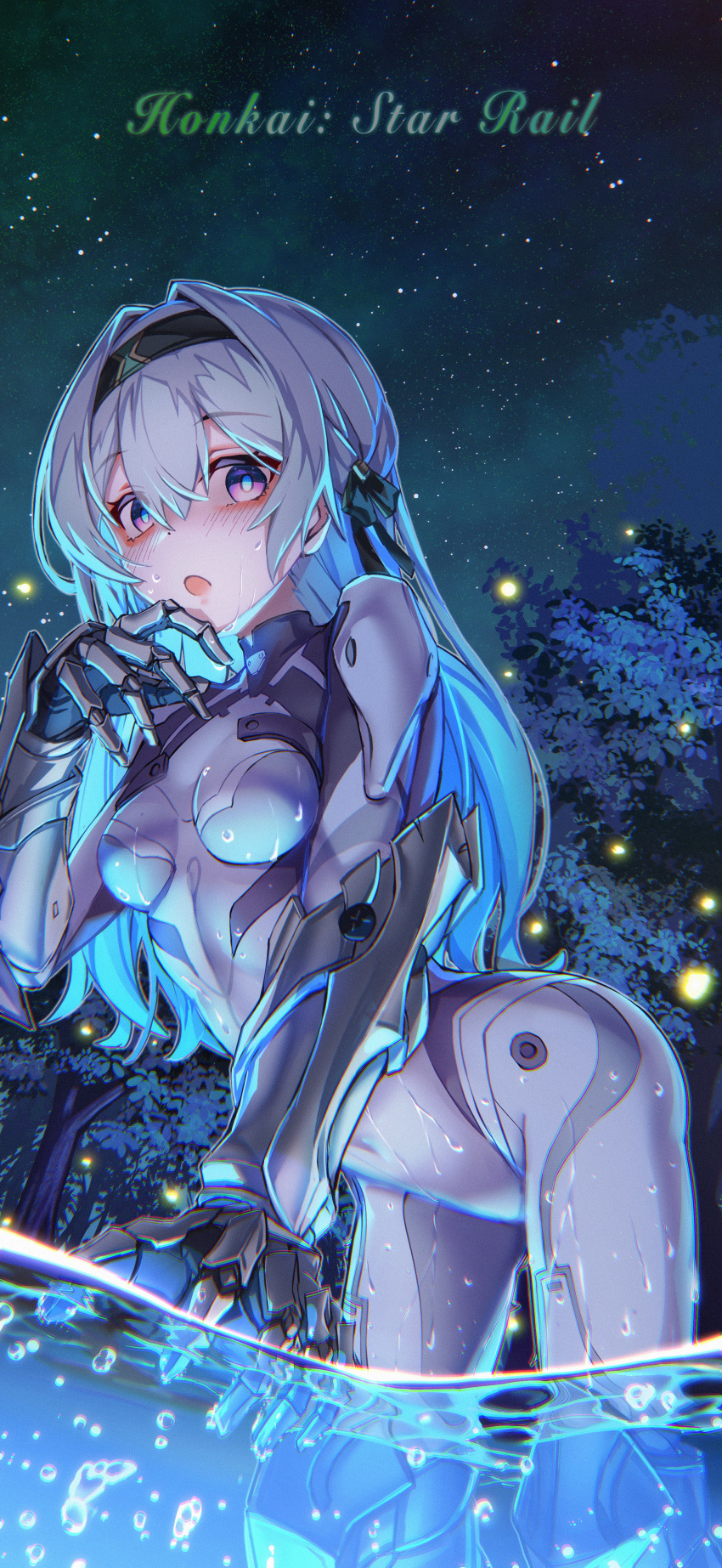 absurdres black_hairband black_ribbon bodysuit breasts fall4592 female firefly_(ar-26710)_(honkai:_star_rail) firefly_(honkai:_star_rail) grey_bodysuit grey_hair hair_ribbon hairband hand_up highres honkai:_star_rail honkai_(series) looking_at_viewer open_mouth purple_eyes ribbon small_breasts solo thighs