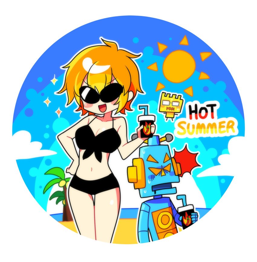 2boys absurdres alien beach bikini black_bikini breasts cup female fronk highres holding holding_cup medium_breasts mike_(warioware) multiple_boys offbeat open_mouth orange_hair orbulon robot short_hair sparkle sun sunglasses swimsuit warioware