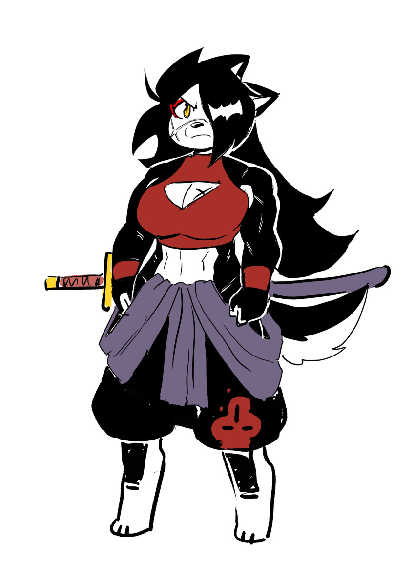 2024 3_toes absurd_res anaugi anthro armor barefoot biceps big_breasts black_body black_fur black_hair breast_scar breasts canid canine canis cleavage_cutout clothing crop_top cutout domestic_dog eyeliner facial_scar feet female frown fur hachimitsu hair hair_over_eye hi_res legwear long_hair makeup mammal melee_weapon midriff muscular muscular_female navel scar sheathed_sword shirt simple_background solo sword sword_on_back tail toes topwear vambrace weapon white_background white_body white_fur yellow_eyes