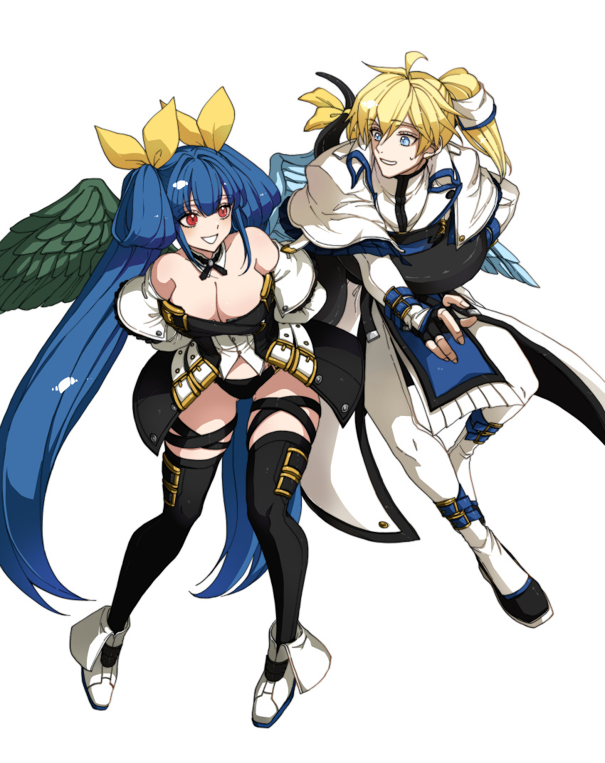 1boy absurdres angel_wings arms_behind_back asymmetrical_wings bare_shoulders black_panties black_thighhighs blonde_hair blue_background blue_eyes blue_hair blush border breasts choker cleavage couple detached_collar detached_sleeves dizzy_(guilty_gear) ebi_pri_shrimp female full_body guilty_gear guilty_gear_xrd hair_between_eyes hair_ribbon hair_rings highres hug hug_from_behind husband_and_wife ky_kiske large_breasts lifting_person long_hair looking_at_another mini_wings monster_girl panties ponytail red_eyes ribbon showgirl_skirt sidelocks simple_background smile straight tail tail_ornament tail_ribbon tail_wrap thigh_gap thigh_strap thighhighs thighs twintails underwear white_border wings yellow_ribbon