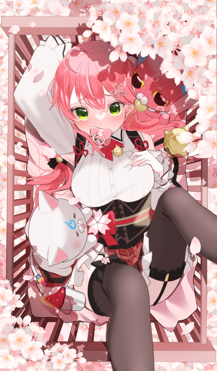 35p_(sakura_miko) absurdres bell breasts cherry_blossoms crib detached_sleeves female frills garter_straps green_eyes hand_on_own_chest highres isuka jingle_bell kintoki_(sakura_miko) large_breasts long_sleeves looking_at_viewer pacifier pink_hair sakura_miko solo thighhighs