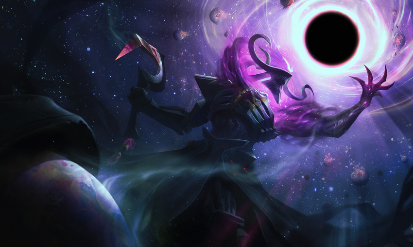 armor black_hole commentary dark_star_thresh debris destruction english_commentary highres holding horns league_of_legends no_humans open_mouth planet sharp_teeth space sparkle teeth thresh_(league_of_legends) victor_maury