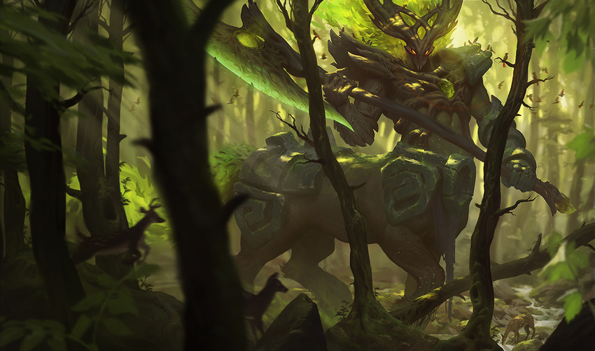 1boy animal animal_on_shoulder axe bare_tree bird bird_on_shoulder blurry centaur commentary dappled_sunlight day deer depth_of_field elderwood_hecarim english_commentary forest giant giant_male glowing hecarim holding holding_axe league_of_legends male_focus nature official_art orange_eyes outdoors solo stream sunlight taur tree victor_maury water