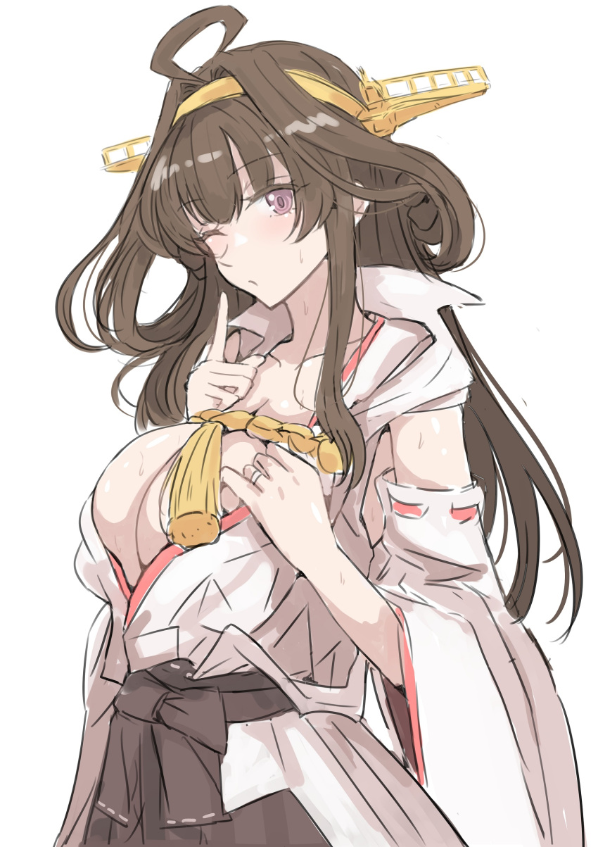 absurdres ahoge breasts brown_hair brown_skirt cleavage detached_sleeves double_bun female hair_bun headgear highres index_finger_raised japanese_clothes kantai_collection ken_(shutenndouji1) kongou_(kancolle) large_breasts long_hair nontraditional_miko one_eye_closed pleated_skirt purple_eyes ribbon-trimmed_sleeves ribbon_trim simple_background skirt solo white_background