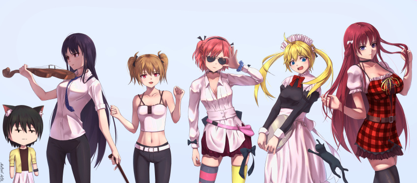 1boy 5girls :d absurdres adjusting_eyewear ahoge animal_ear_fluff animal_ears arms_at_sides asymmetrical_legwear bare_arms belt between_breasts black_bow black_cat black_hair black_pants black_shirt black_thighhighs blonde_hair blue_necktie blue_scrunchie blush bow bow_(music) breasts brown_hair cat_boy cat_ears chibi chibi_only cleavage clenched_hands collarbone commentary cosplay costume_switch cowboy_shot dress english_commentary everyone feline floating_hair frilled_dress frills grey_background grisaia_(series) grisaia_no_kajitsu hair_between_eyes hairbow half_updo hand_up hands_up highres holding holding_bow_(music) holding_instrument holding_own_hair holding_violin instrument irisu_makina irisu_makina_(cosplay) jitome juliet_sleeves kazami_yuuji kazami_yuuji_(cosplay) kemonomimi_mode komine_sachi komine_sachi_(cosplay) large_breasts long_hair long_skirt long_sleeves looking_afar looking_at_viewer maid maid_headdress matsel_arts matsushima_michiru matsushima_michiru_(cosplay) medium_breasts miniskirt mismatched_legwear multiple_girls navel necktie necktie_between_breasts nyanmel oerba_yun_fang open_mouth pants pink_hair plaid_clothes plaid_dress puffy_short_sleeves puffy_sleeves purple_eyes red_bow red_dress red_eyes red_skirt ribbon sakaki_yumiko sakaki_yumiko_(cosplay) scrunchie seductive_smile shirt short_hair short_sleeves side-by-side sidelocks simple_background skin_fang skindentation skirt sleeveless sleeveless_dress sleeveless_shirt small_breasts smile spaghetti_strap straight_hair striped_clothes striped_thighhighs sunglasses suou_amane suou_amane_(cosplay) thighhighs tsurime twintails two_side_up v_arms very_long_hair violin w_arms white_belt white_bow white_shirt white_skirt wrist_scrunchie yellow_ribbon yellow_thighhighs zettai_ryouiki