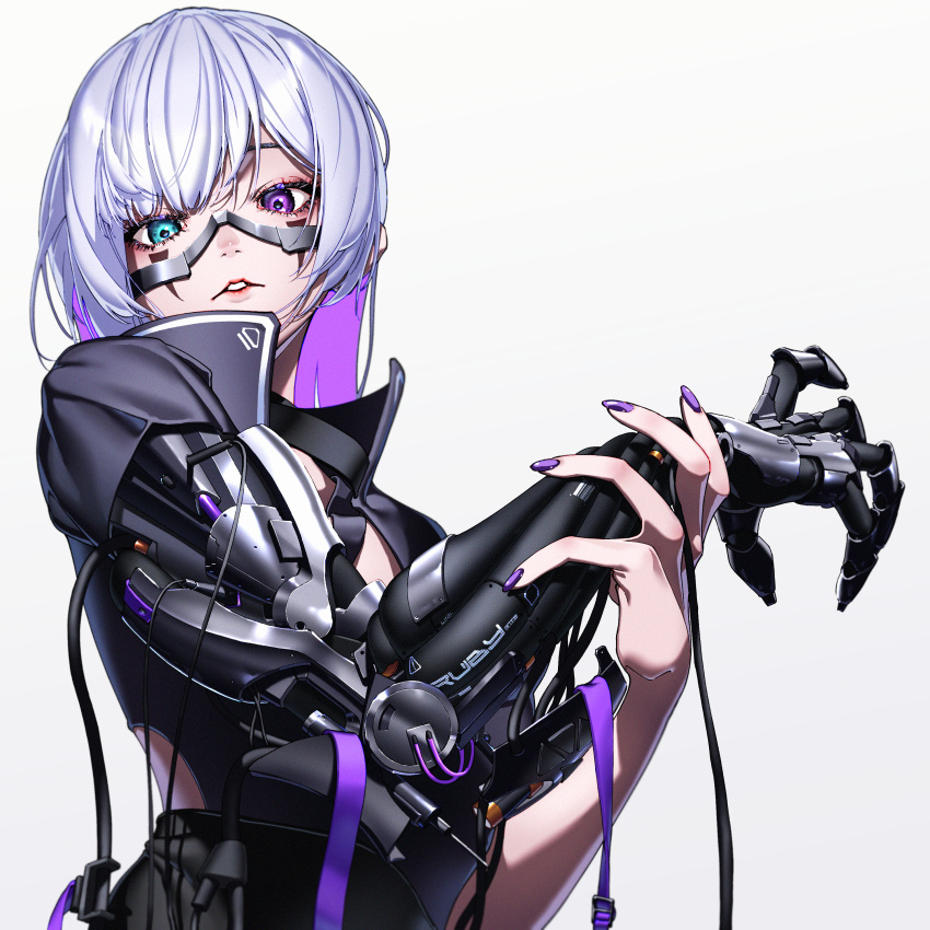 absurdres aqua_eyes colored_inner_hair cyborg female grey_background grey_hair heterochromia highres joints looking_at_viewer marui_(fxxstate_ofmind) multicolored_hair nail_polish original parted_lips prosthesis prosthetic_arm purple_eyes purple_hair robot_joints solo two-tone_hair