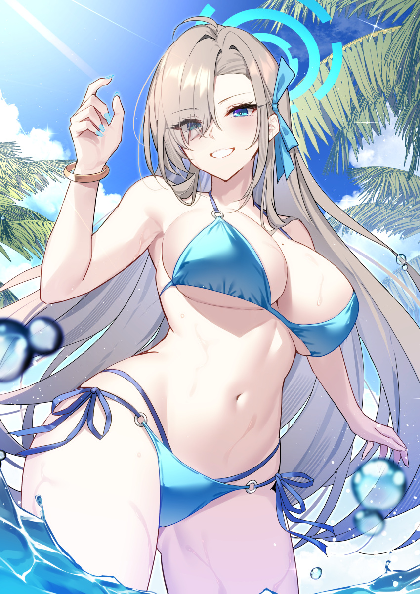 absurdres alternate_costume aosaki_yukina asuna_(blue_archive) bare_shoulders bikini blue_archive blue_bikini blue_eyes blue_ribbon breasts cleavage collarbone female hair_over_one_eye hair_ribbon halo halterneck highres large_breasts light_brown_hair long_hair looking_at_viewer navel o-ring o-ring_bikini o-ring_bottom o-ring_top outdoors ribbon side-tie_bikini_bottom sideboob smile solo stomach string_bikini swimsuit thighs underboob very_long_hair