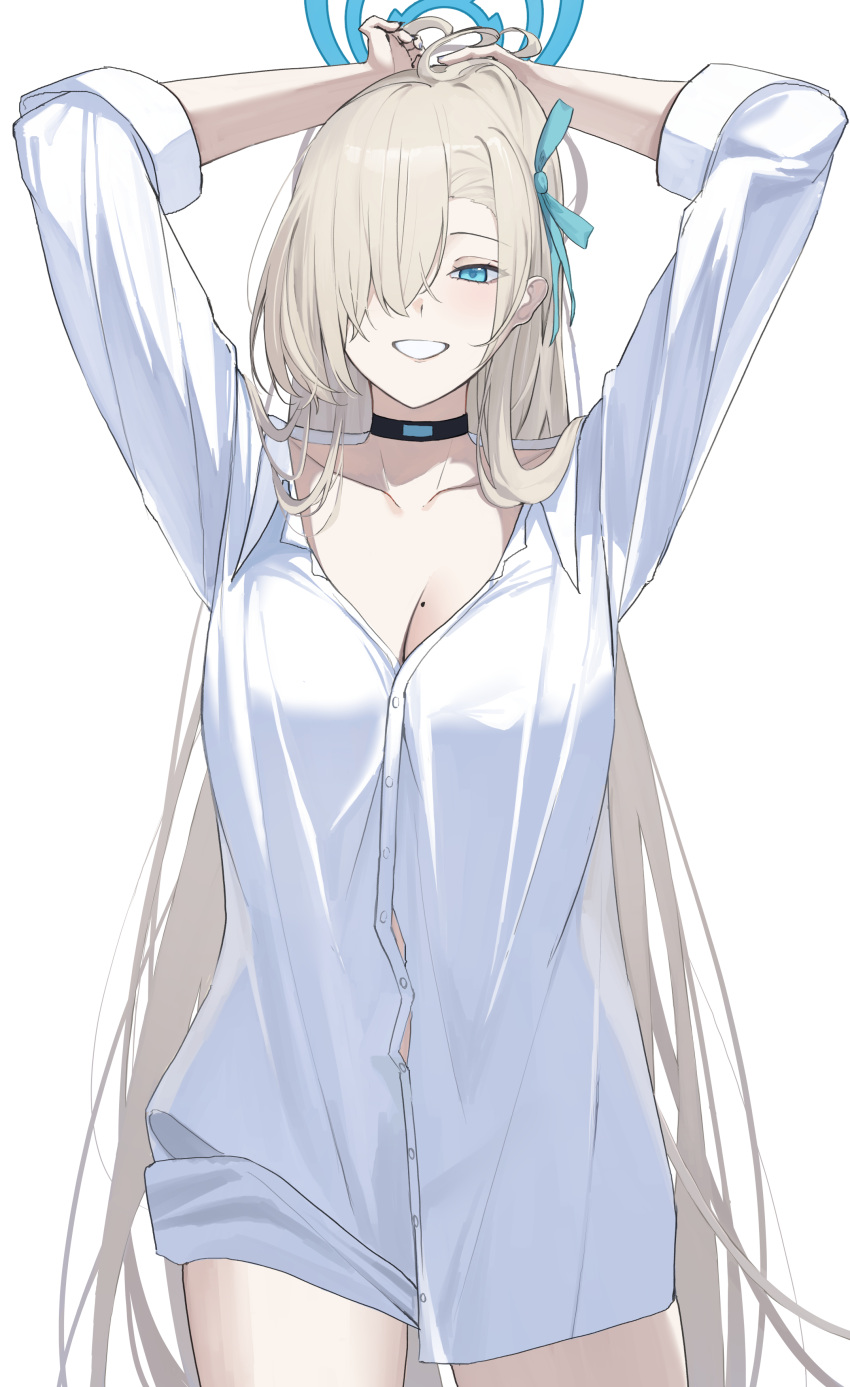 absurdres asuna_(blue_archive) black_choker blue_archive blue_eyes blue_ribbon breasts choker cleavage collarbone collared_shirt dress_shirt female grin hair_over_one_eye hair_ribbon halo highres large_breasts light_brown_hair long_hair looking_at_viewer ref_(pmxt4483) ribbon shirt sleeves_rolled_up smile solo thighs very_long_hair white_shirt