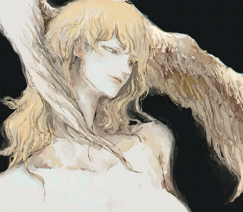 1other absurdres androgynous bare_shoulders black_background blonde_hair blue_eyes bossmonsterbani breasts close-up closed_mouth devilman film_grain half-closed_eyes head_tilt highres large_breasts lips long_hair other_focus profile satan_(devilman) simple_background solo three_quarter_view