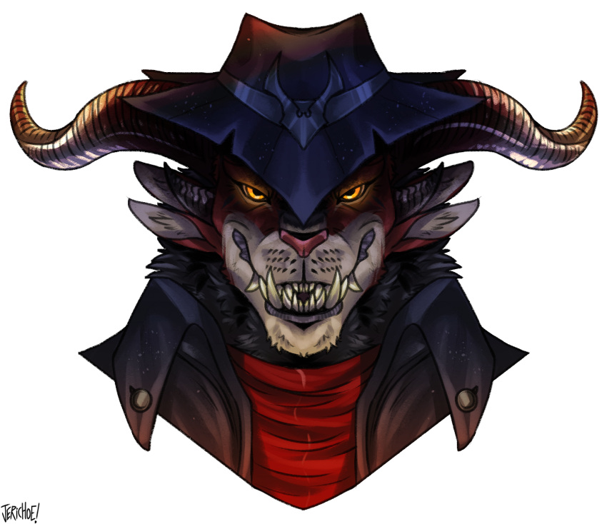 2022 2_horns anthro artist_name black_clothing black_hat black_headwear black_jacket black_topwear brown_horn button_(fastener) charr cheek_spikes cheek_tuft clothing colored curled_horn digital_drawing_(artwork) digital_media_(artwork) facial_spikes facial_tuft fangs felid front_view fur glowing glowing_eyes guild_wars hat headgear headshot_portrait headwear hi_res horn jacket jerichoe male mammal multicolored_body multicolored_fur neck_tuft orange_eyes pink_nose portrait red_clothing red_shirt red_topwear shaded shirt simple_background smile smiling_at_viewer solo spikes spikes_(anatomy) tantalus_locksmith teeth thief toothy_grin topwear torn_clothing torn_hat torn_headwear tuft whisker_spots white_background