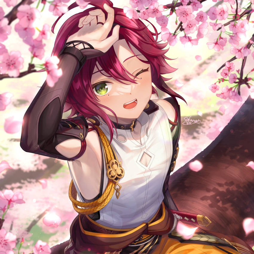 1boy ;d arm_up armpits cherry_blossoms clothing_cutout commentary_request day falling_petals from_above genshin_impact hakama hakama_shorts highres japanese_clothes jitte light_blush looking_at_viewer male_focus mole mole_under_eye one_eye_closed orange_shorts outdoors petals red_hair shikanoin_heizou shorts signature sitting sitting_on_branch smile solo teeth upper_body upper_teeth_only wakame1441 weapon