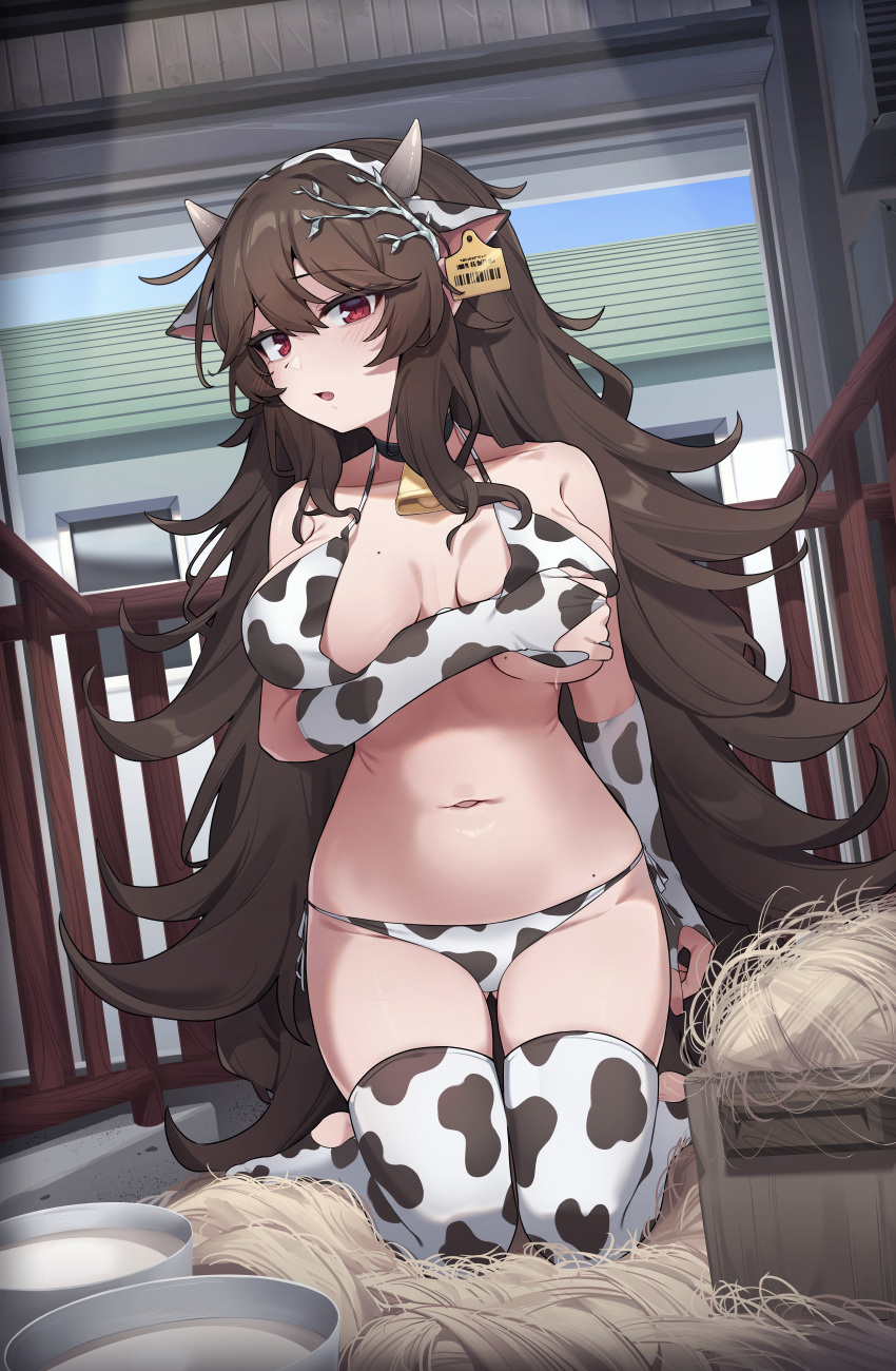 absurdres animal_ears animal_print bikini blue_sky blush breasts bridal_gauntlets brown_hair commentary commission cow_ears cow_horns cow_print cow_print_bikini cow_print_thighhighs di_le_to fake_animal_ears fake_horns farm female grabbing_own_breast hair_between_eyes hair_ornament highres horns house kneeling large_breasts long_hair looking_at_viewer mole mole_on_breast open_mouth original print_bikini print_thighhighs rame_tree_(heuksaek) red_eyes sky solo straw_(stalk) swimsuit thighhighs very_long_hair