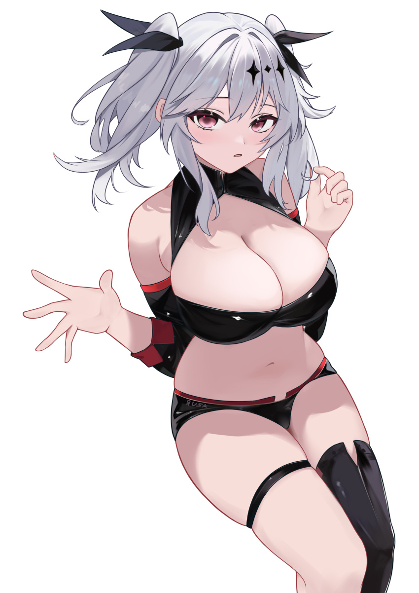 absurdres azur_lane bare_shoulders black_ribbon black_shorts blush boots breasts cleavage cleavage_cutout clothing_cutout commentary_request crop_top detached_sleeves female from_above hair_between_eyes hair_ornament hair_ribbon hands_up highres joffre_(azur_lane) joffre_(blessings'_first_flight)_(azur_lane) large_breasts legs_together looking_at_viewer looking_up micro_shorts midriff navel parted_lips pink_eyes ribbon shorts single_thigh_boot sitting skindentation solo thigh_boots thigh_strap thighs twintails white_hair xin_sanmu