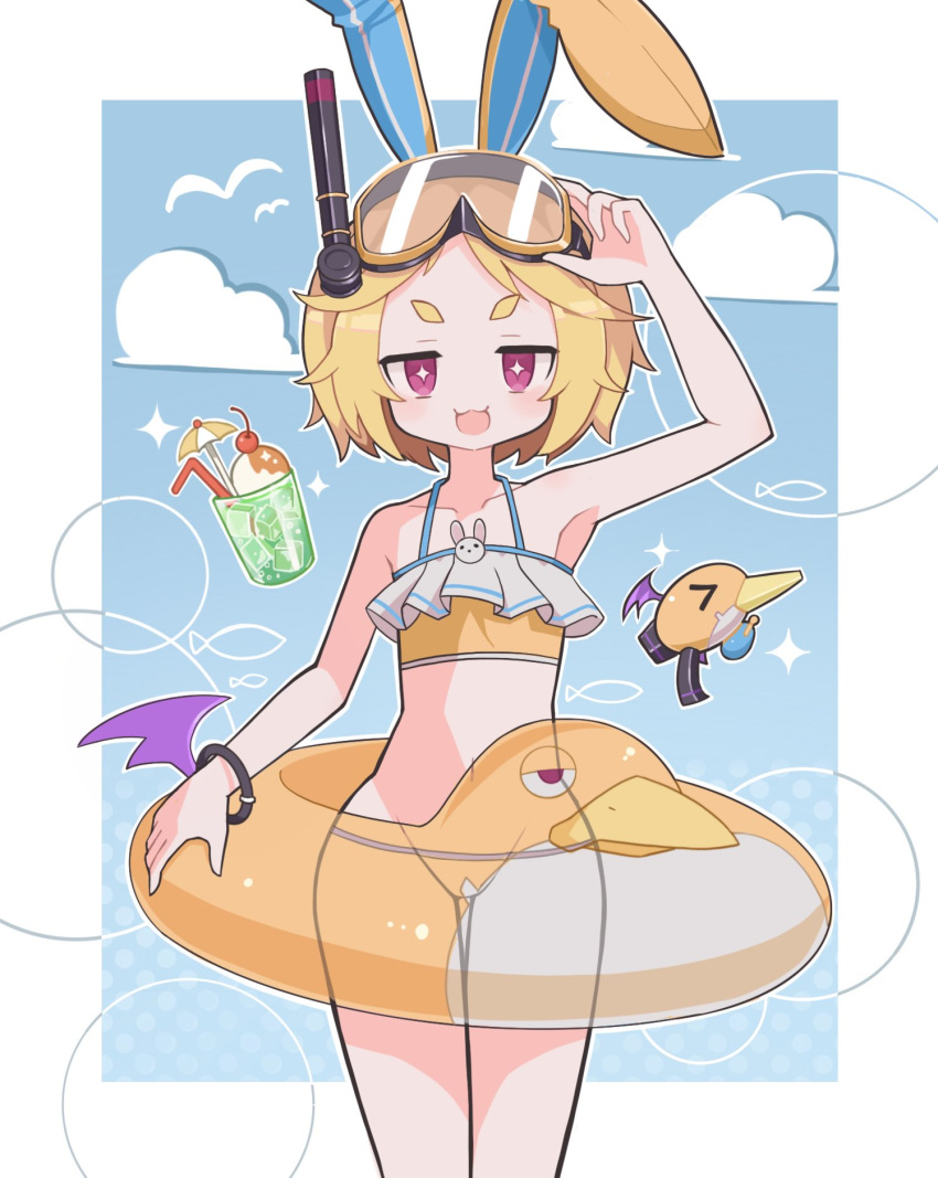 :3 animal_ears arm_up armpits bare_shoulders bat_wings bikini blonde_hair blue_sky bracelet cloud covered_groin cup disgaea female flat_chest food frilled_bikini frills goggles goggles_on_head gun highres holding holding_floatie holding_goggles ice_cream ice_cream_float jewelry jitome light_blush looking_at_viewer makai_senki_disgaea_5 navel open_mouth petite pink_eyes prinny rabbit_ears rabbit_ornament short_eyebrows sky snorkel solo star-shaped_pupils star_(symbol) straight-on suaman swimsuit symbol-shaped_pupils thick_eyebrows thighs usalia_(disgaea) weapon wings