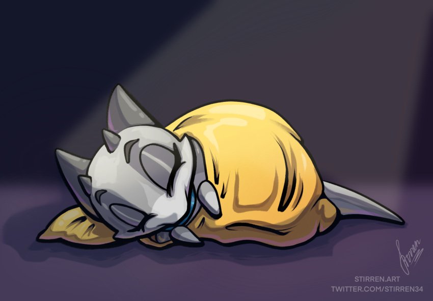 anthro bedding blanket chibi closed_eyes collar female hi_res horn kobold simple_background sleeping solo stirren